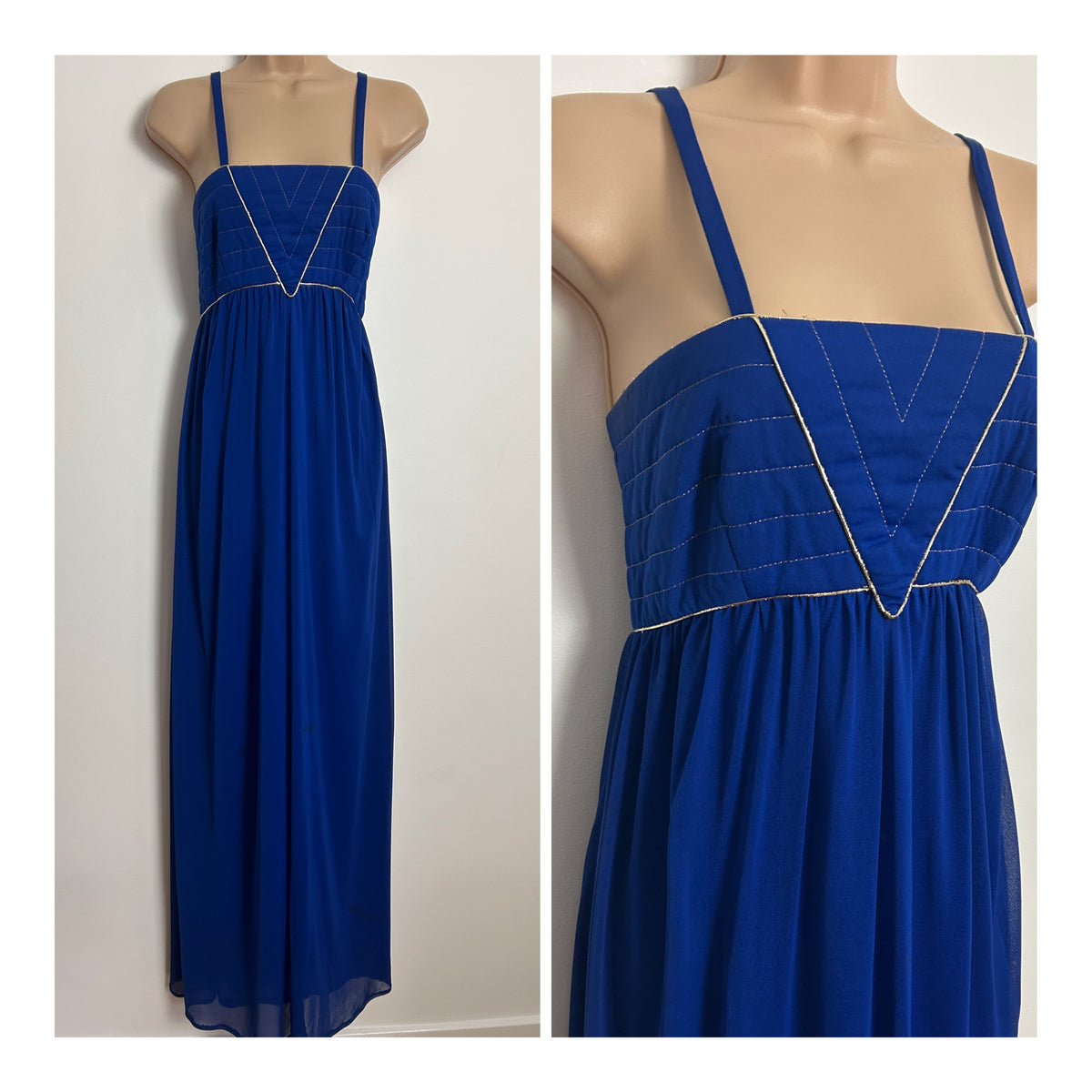 Vintage 1970s MUREK MODELL UK Size 8 Royal Blue & Gold Piping Trim Empire Line Occasion Maxi Dress