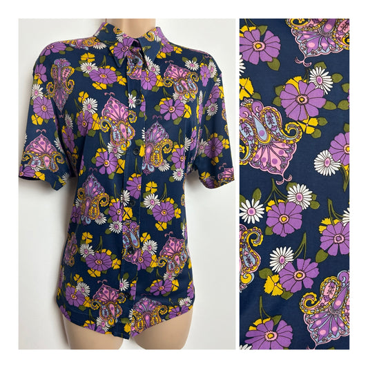 Vintage 1970s Size 14 Navy Blue Purple Pink & Mustard Floral & Paisley Print Short Sleeve Shirt