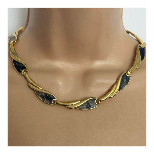 Vintage Gold Tone & Faux Leather Set Fancy Panelled Choker Necklace