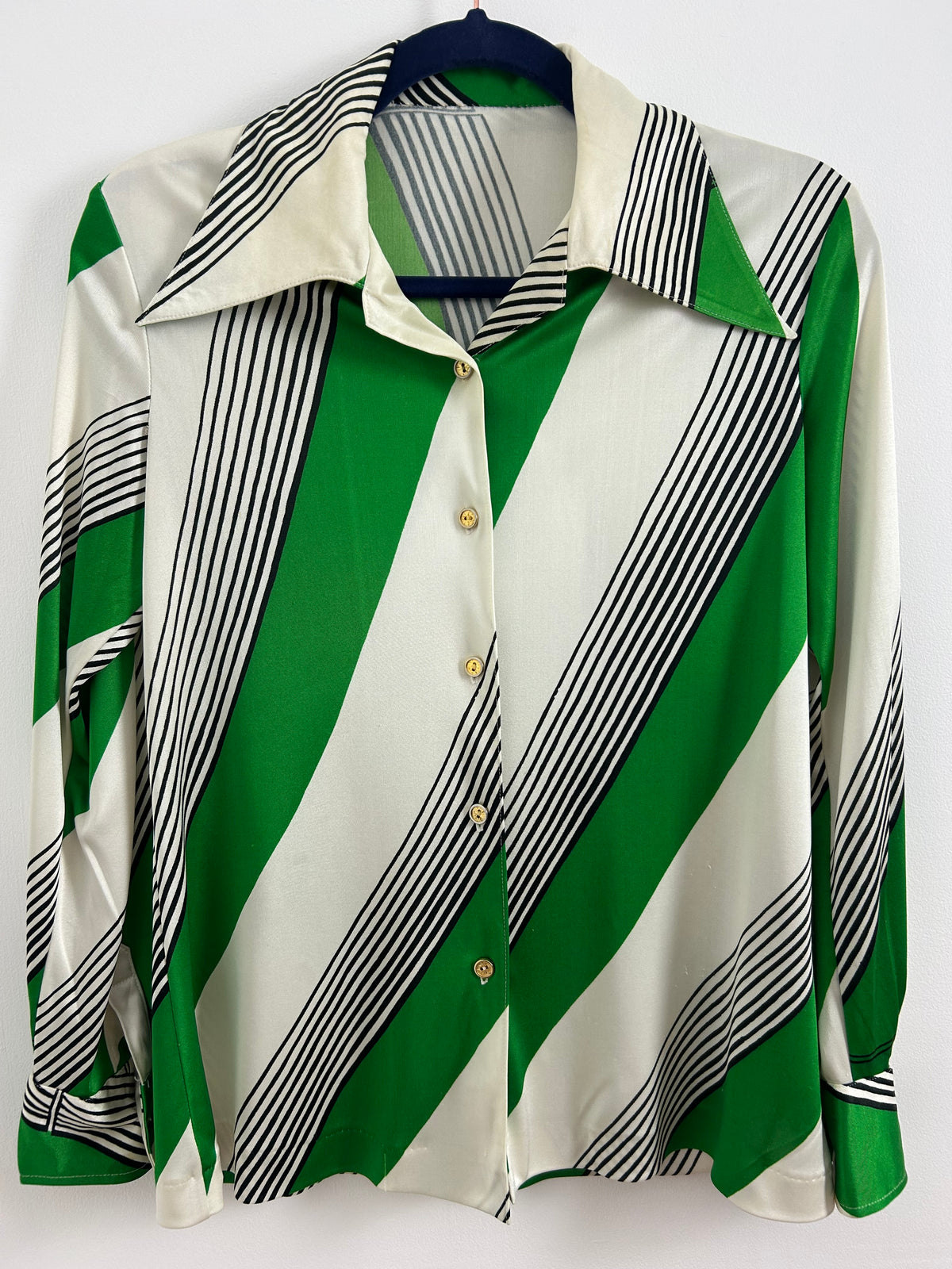 Japanese Vintage 1970s Size 12-14 Green Beige & Black Diagonal Stripe Print Dagger Collar Long Sleeve Shirt