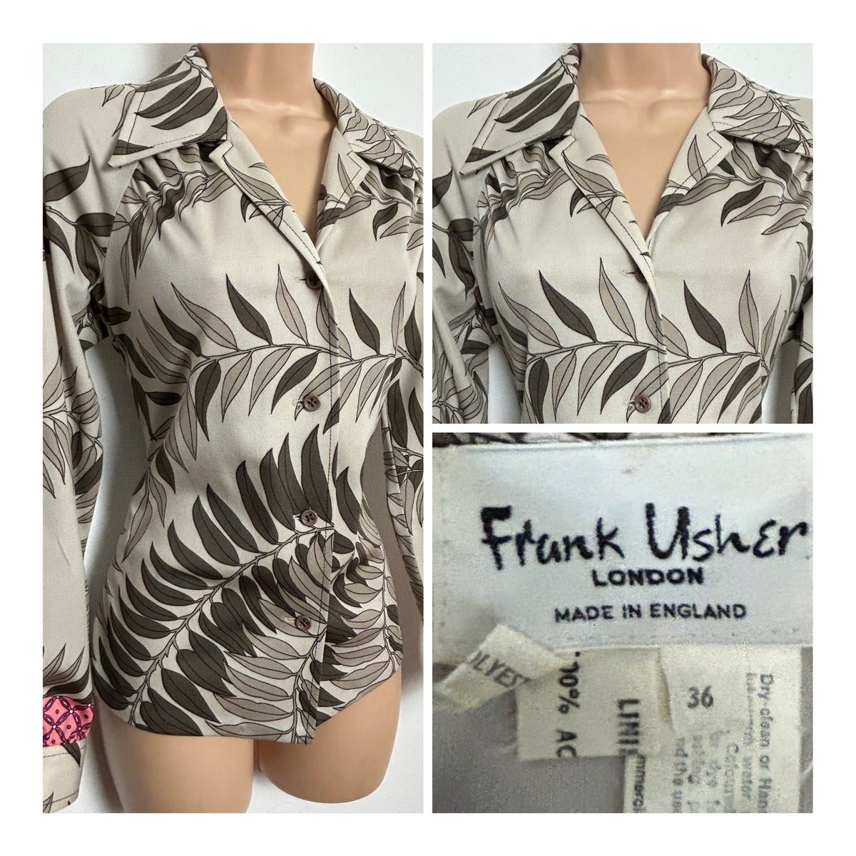 Vintage 1970s FRANK USHER Size 10-12 Beige Brown & Pink Leaf Print Collared Shirt