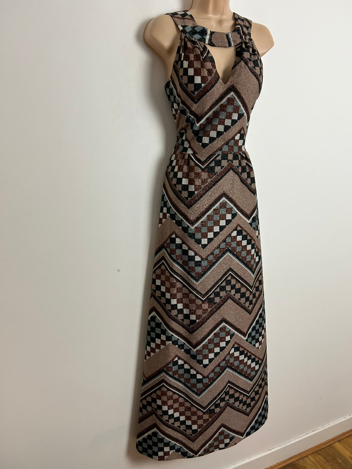 Vintage 70s UK Size 8 Brown Bronze Grey & Black Check Print Lurex Keyhole Occasion Evening Maxi Dress