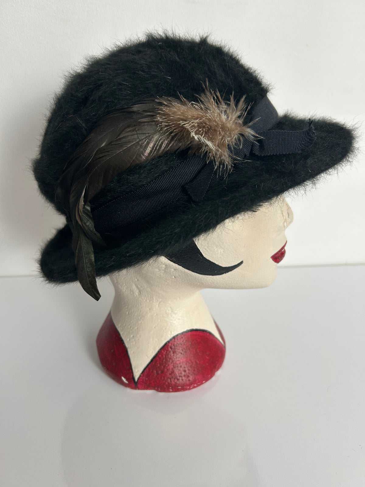 Vintage Black Soft Angora Wool Feather Detail Trilby Style Hat