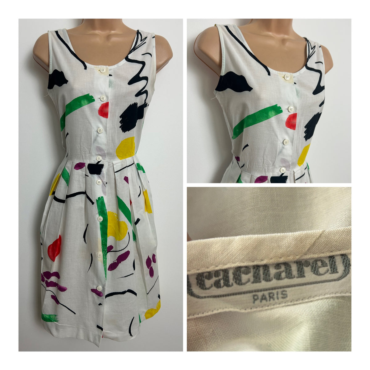 Vintage 1980s CACHAREL Size 8 White Multicolour Abstract Print Pleated Cotton Summer Dress