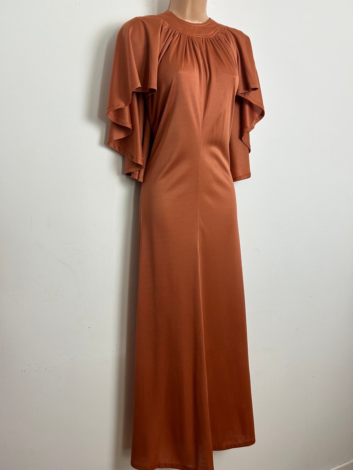 Vintage 1970s Size 10 Terracotta Cape Sleeve Crimplene Maxi Dress