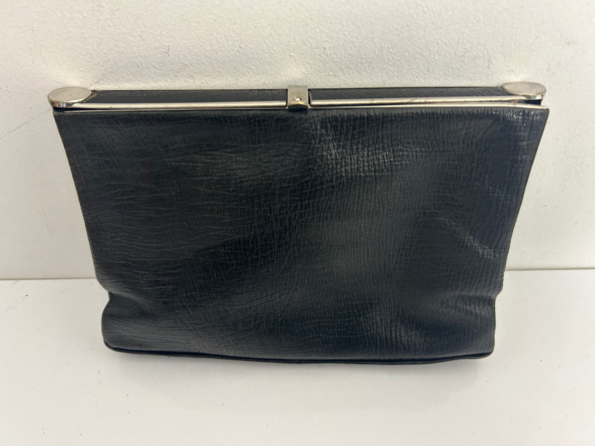 Vintage 1940s Black Leather Mock Reptile Framed Clutch Bag With Hand Strap