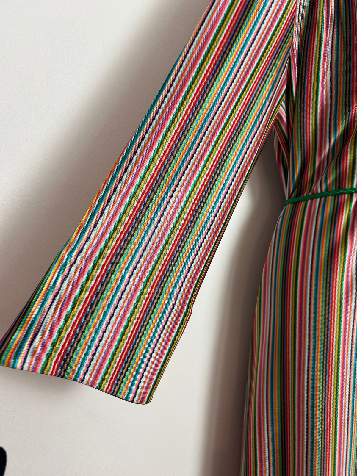 Vintage 1970s Up To Size 16 ST MICHAEL Green Pink Red Yellow Stripe Print Dagger Collar Kaftan Maxi Dress