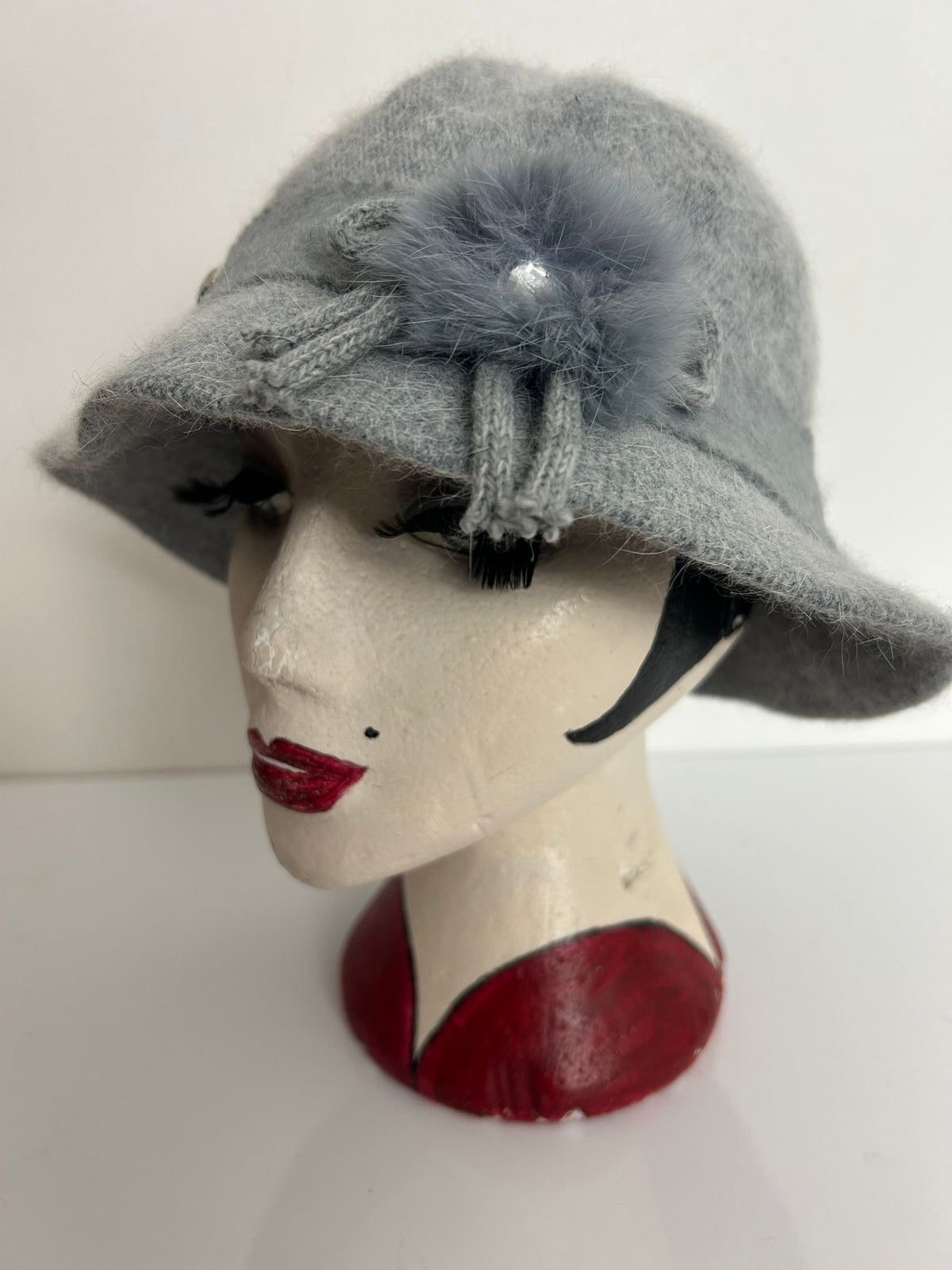 Vintage Grey Angora & Wool Mix Diamante & Felt Trim Trilby Style Hat