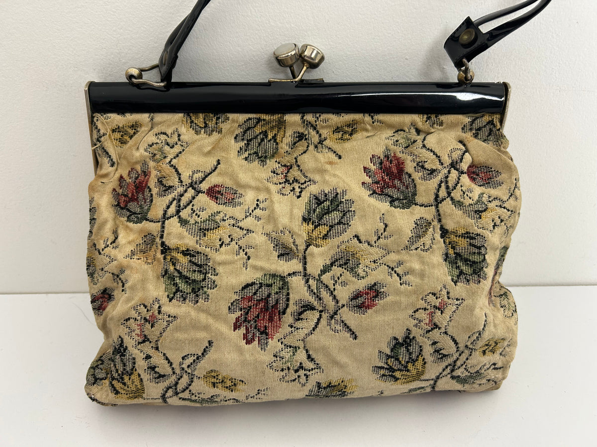 Vintage 1960s Cream & Pink Floral Woven Carpet Kiss Lock Bag