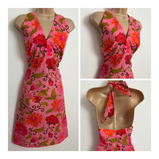 Vintage Late 1960s Size 8 Pink & Orange Floral Print Cotton Mix Halterneck Sundress