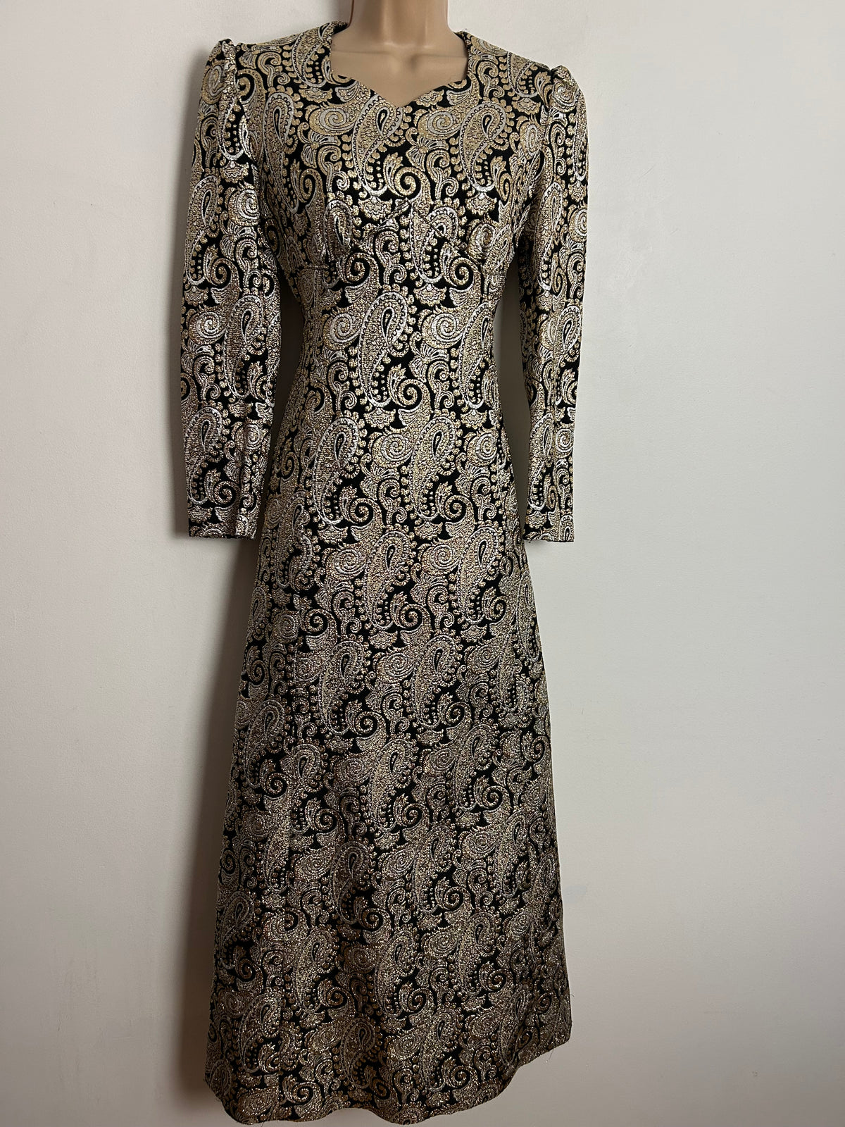Vintage 1960s UK Size 8 Black Gold & Silver Metallic Lurex Brocade Occasion Evening Maxi Dress