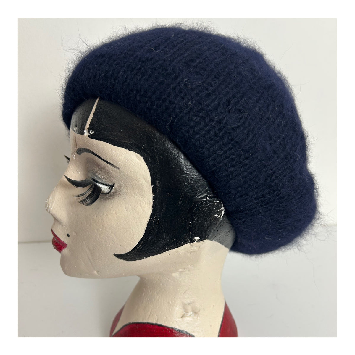 Vintage Navy Blue Angora Mix Chunky Knit Beret/Beanie Style Hat