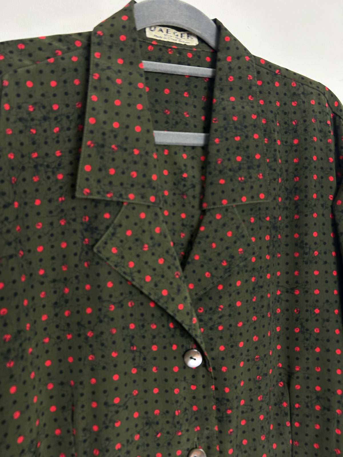 Vintage 1970s JAEGER Size 14 Dark Green Red & Black Polka Dot Print Long Sleeve Blouse/Top
