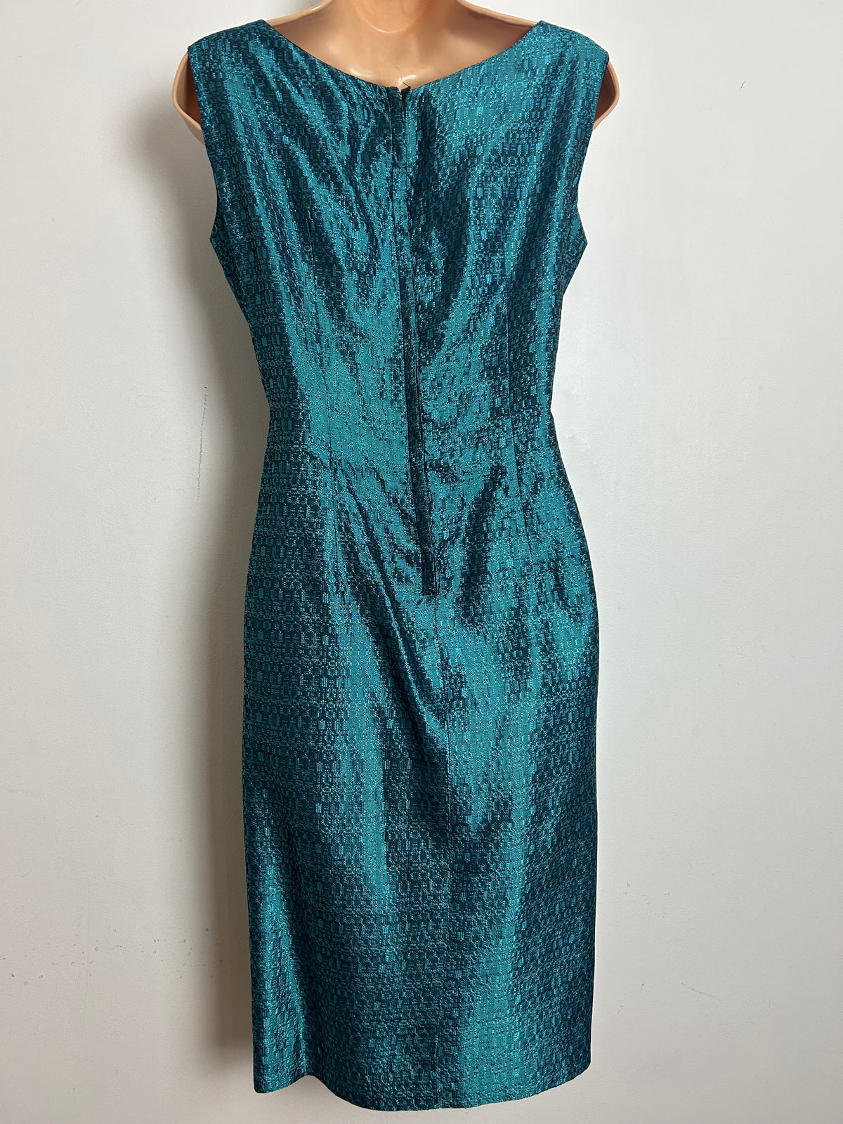 Vintage 1960s Size 12 Metallic Teal Jacquard Fitted Wiggle Party Dress Size 12