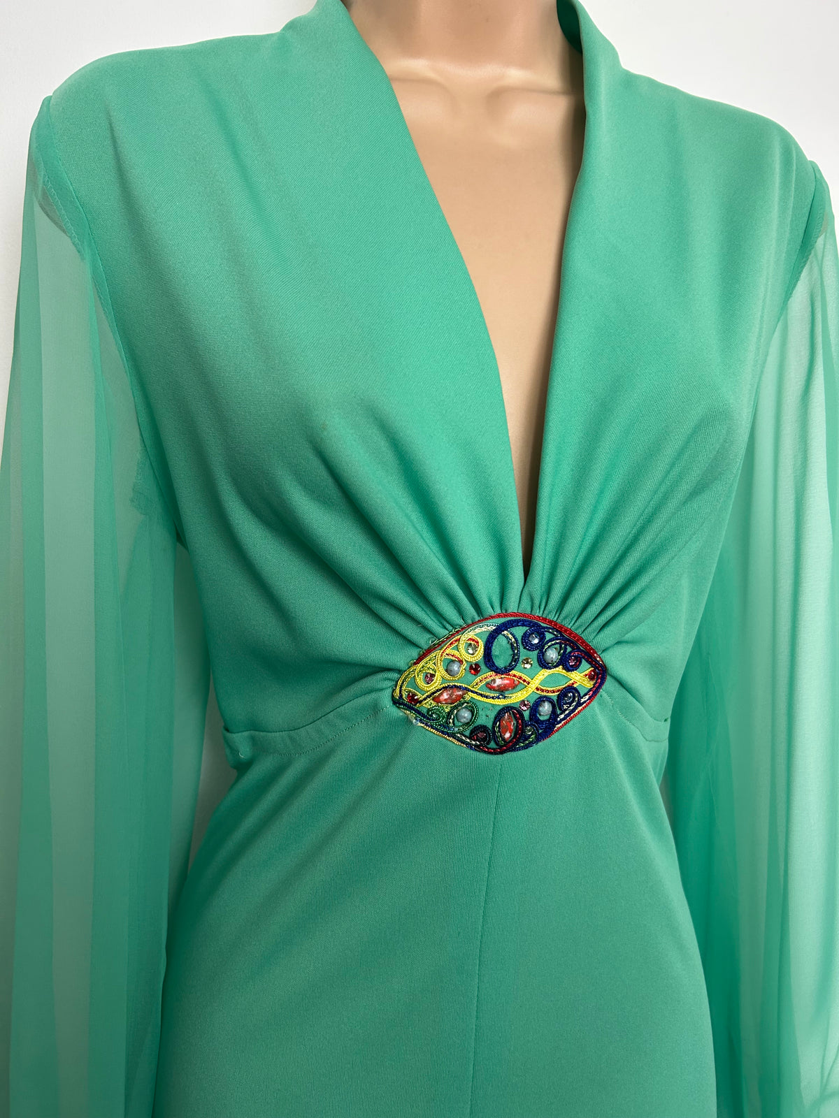 Vintage 1970s Size 12 Jade Green Long Chiffon Sleeves Occasion Maxi Dress