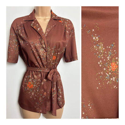 Vintage 1970s Made In Italy Size 14 Brown & Orange Floral Print Short Sleeve Belted Shirt