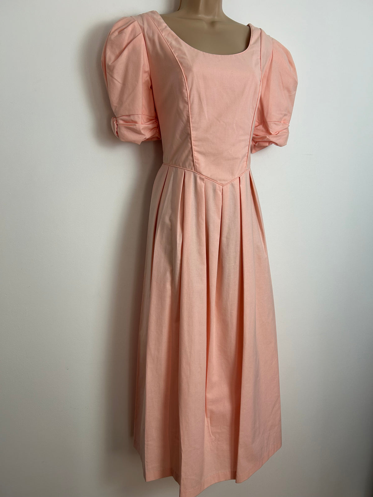 Vintage 1980s LAURA ASHLEY Size 10 (Size 14 On Label) Pale Peach Bustle Back Ballgown Midi Dress
