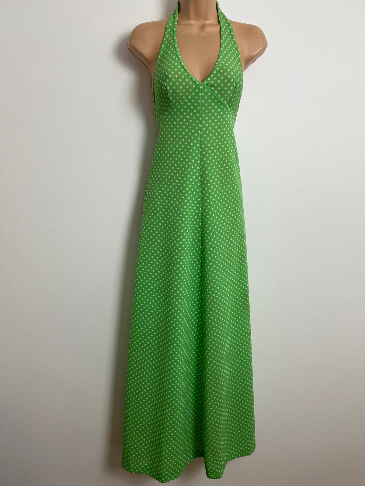 Vintage 1970s Size 4-6 Green & White Polka Dot Print Halter Neck Summer Maxi Dress