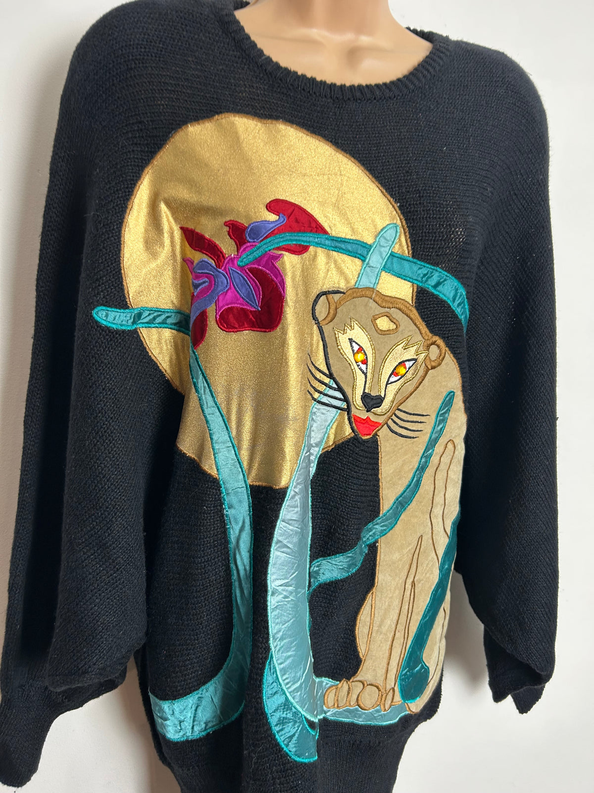 Vintage 1980s BONNIE BOERER PRET Size L (Up To 14/16) Black Large Applique Puma Bat Wing Jumper