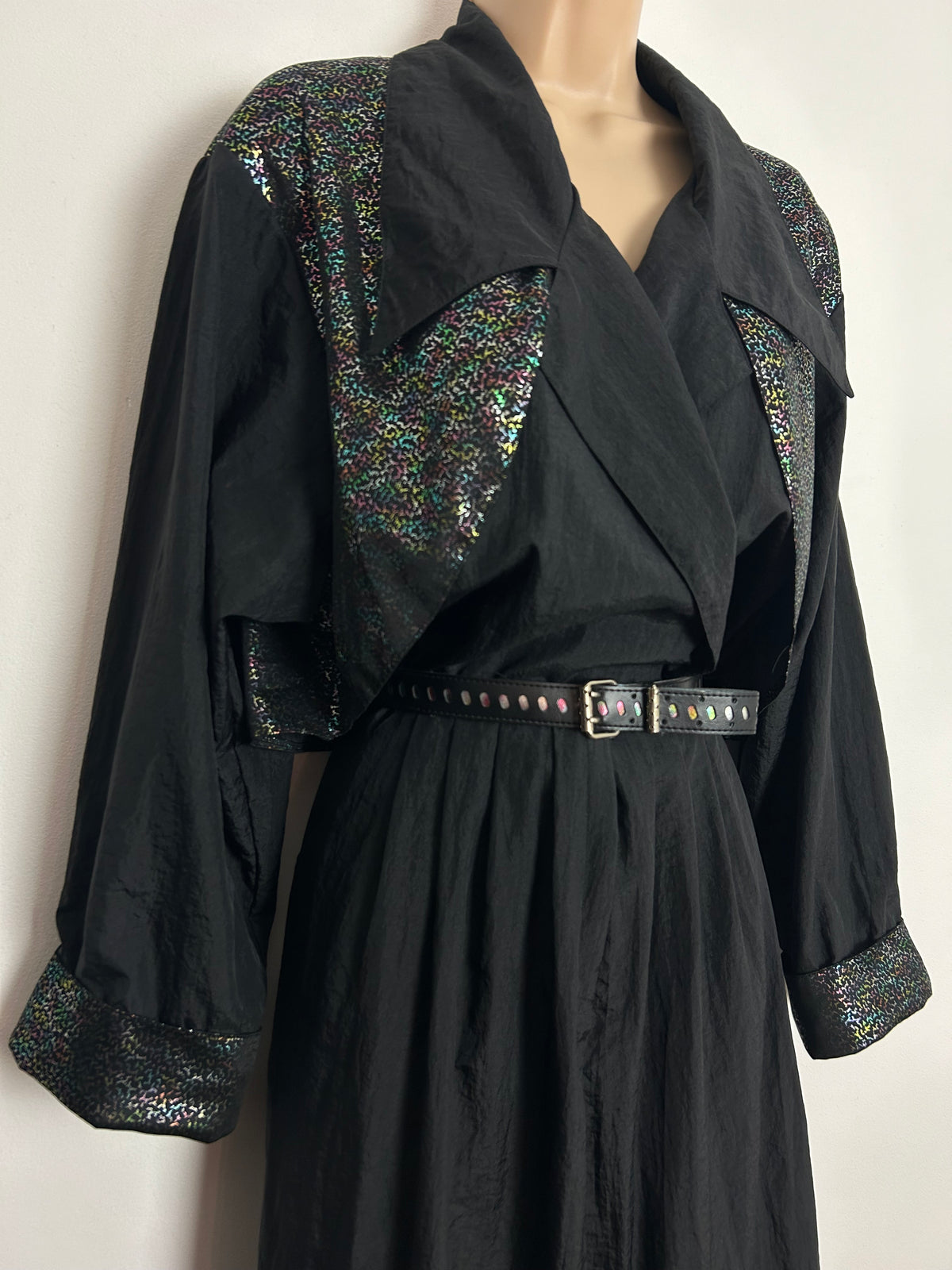 Vintage Extreme 1980s UK Size 12 Black & Metallic Multicolour Mock Waistcoat Belted Jumpsuit