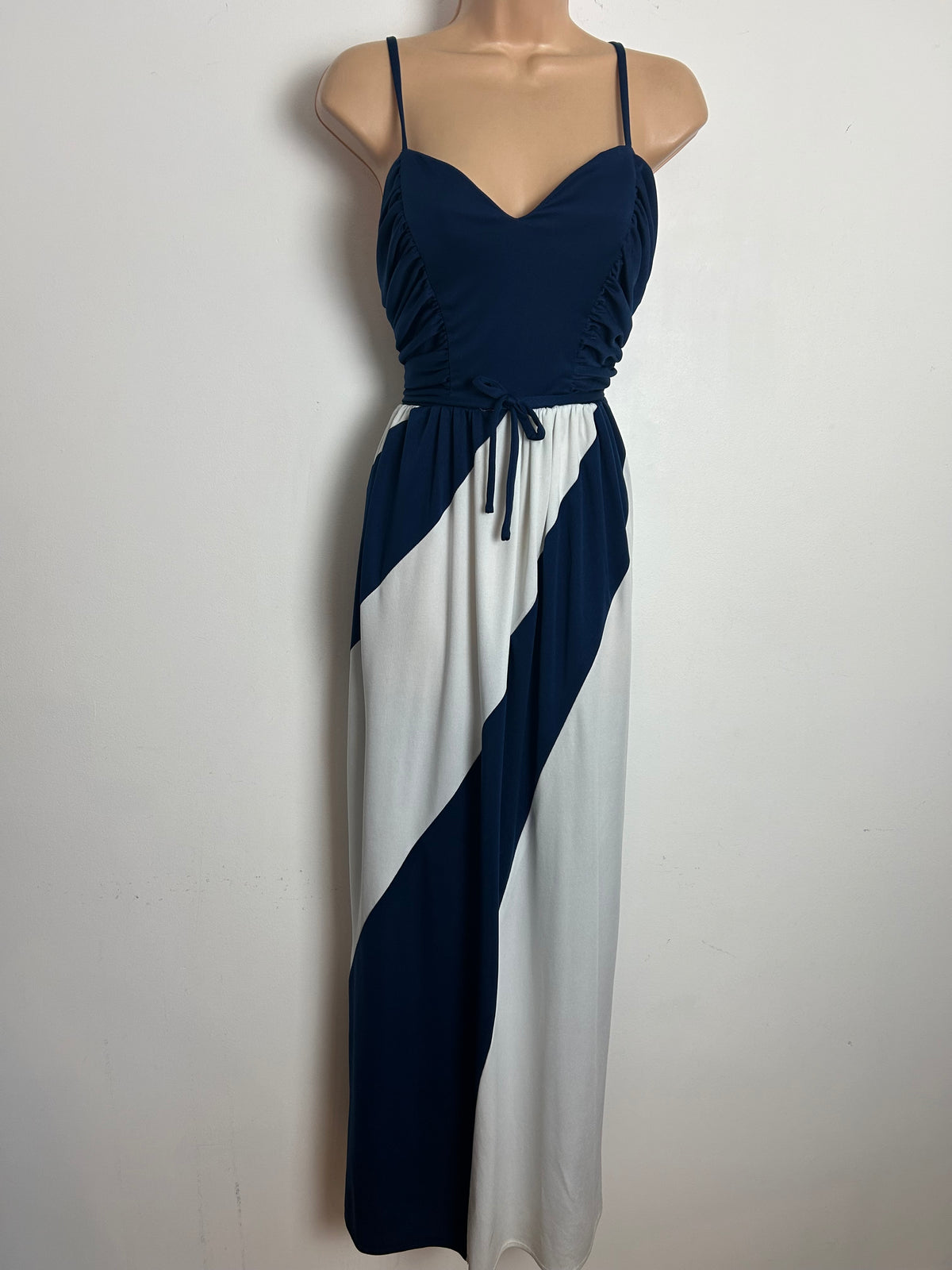 Vintage Late 1970s AFTER SIX Size 8 Navy Blue & White Panelled Strappy Occasion Maxi Dress