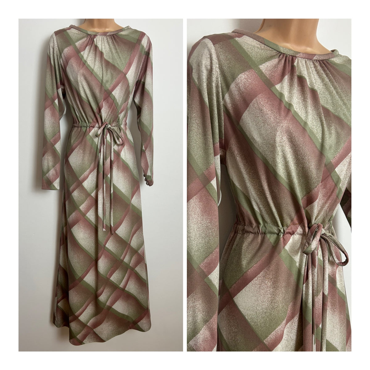 Vintage 1970s FENWICK Size 10-12 Dusky Pink Sage Green & Beige Diamond Check Print Maxi Dress