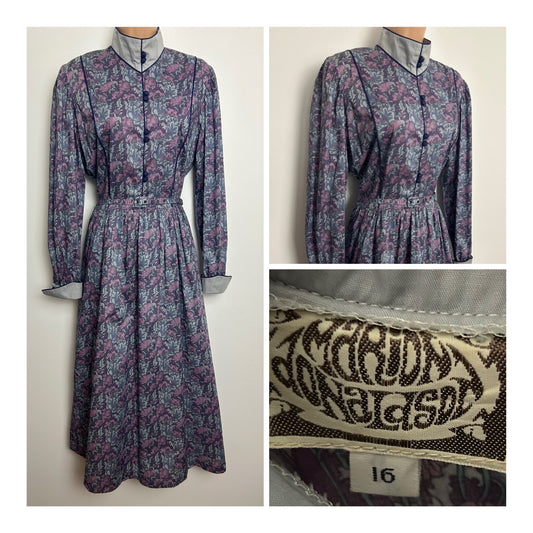 Vintage Early 1980s MARION DONALDSON Size 14 Purple & Pink Tones Floral Liberty Print Belted Cotton Dress