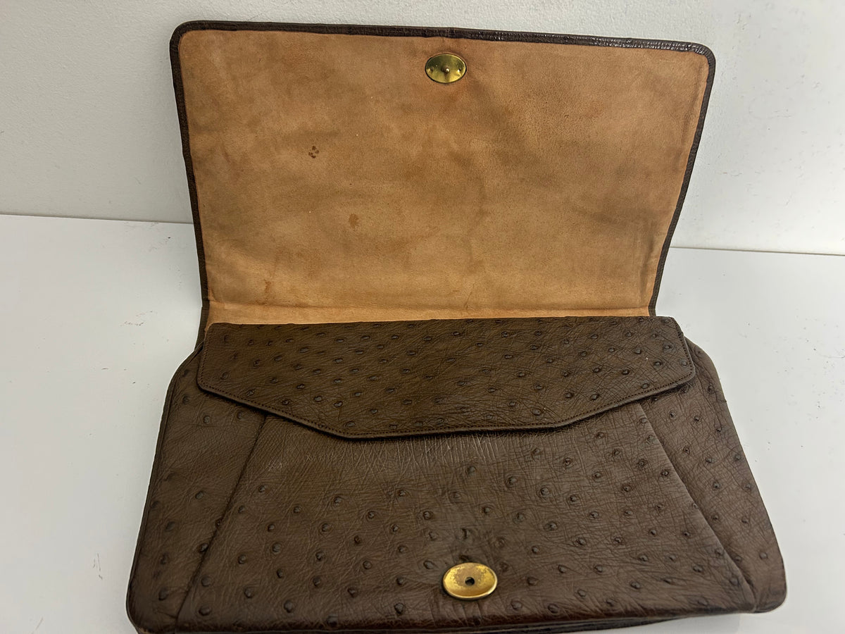 Vintage 1950’s Large Brown Ostrich Leather Clutch Bag With Hand Strap To The Back