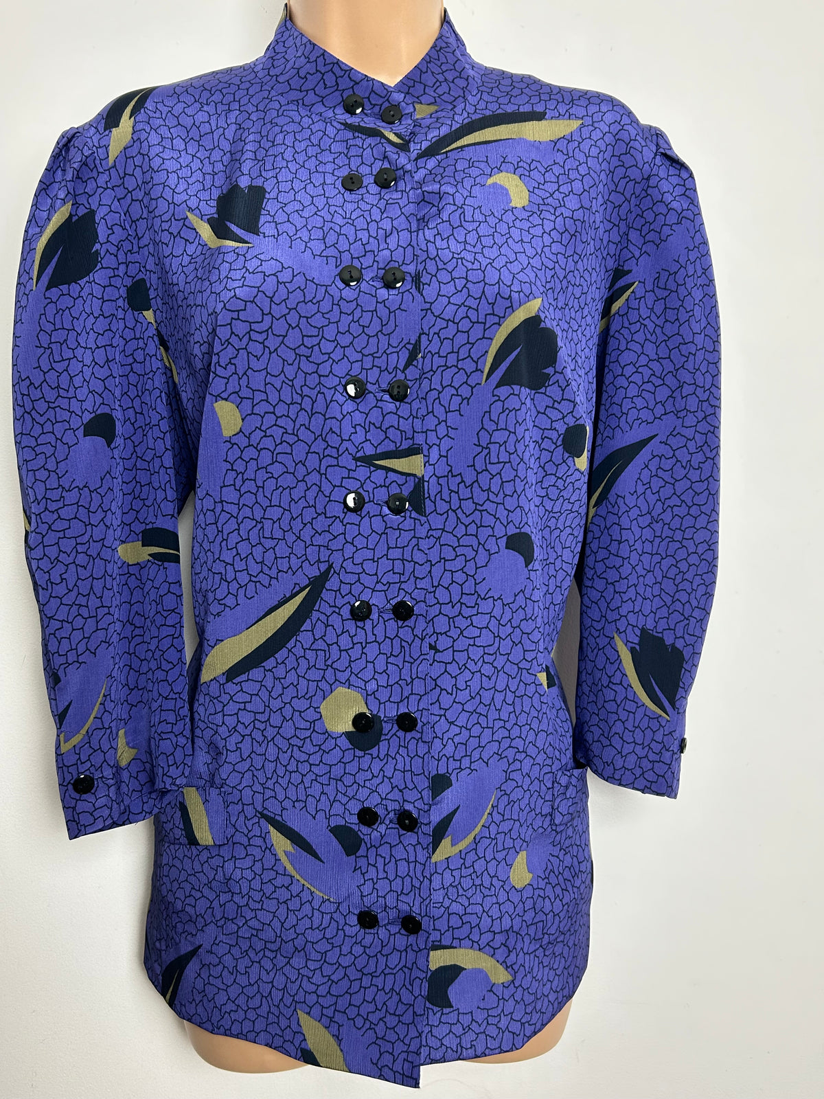 Vintage 1980s Size 12 Dark Purple Abstract Print Double Buttons Long Sleeve Shirt