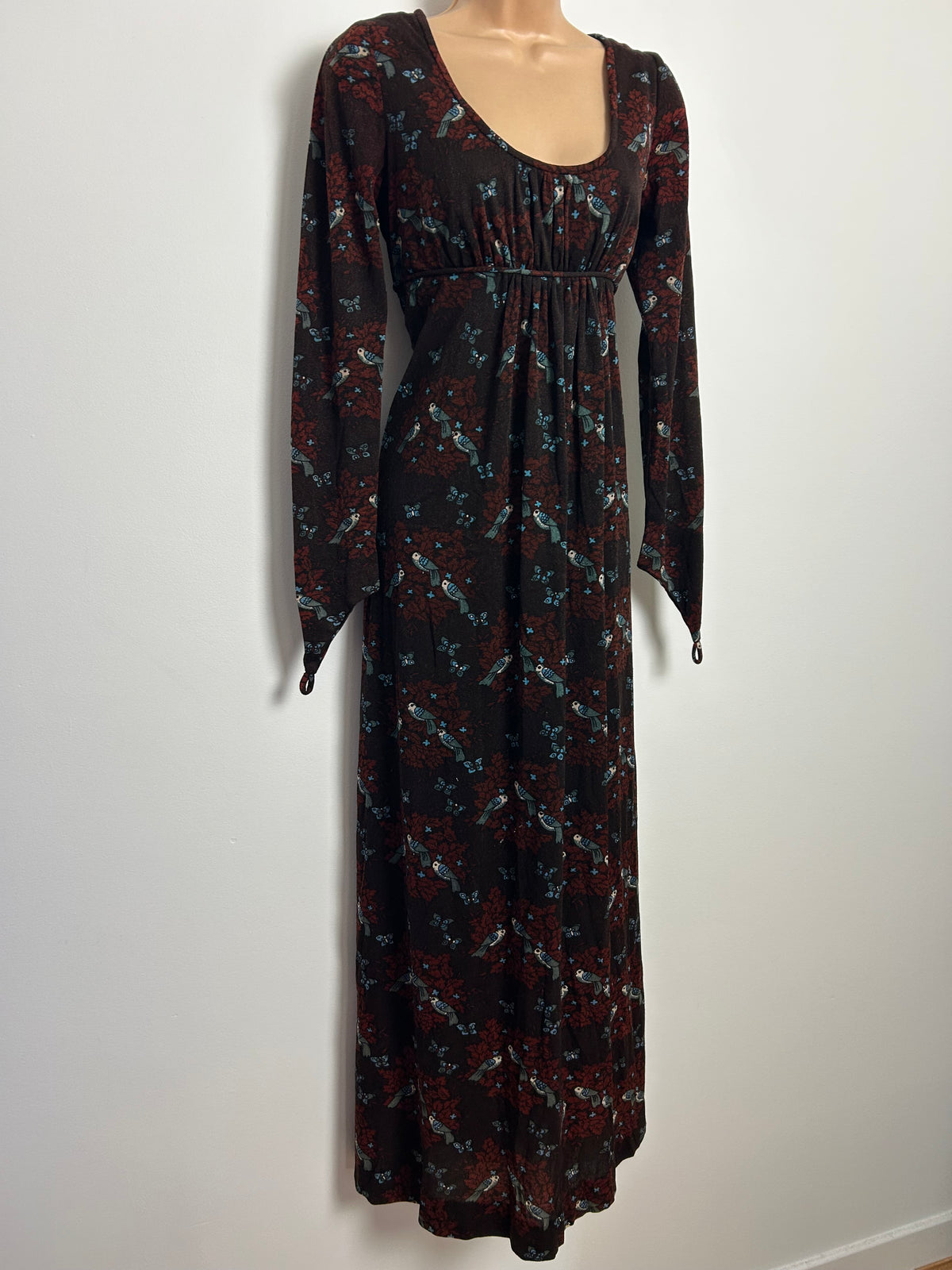 Vintage 1970s ST ANDRE Size 10 Brown Tones Bird & Butterfly Novelty Print Long Sleeve Maxi Dress With Finger Loops