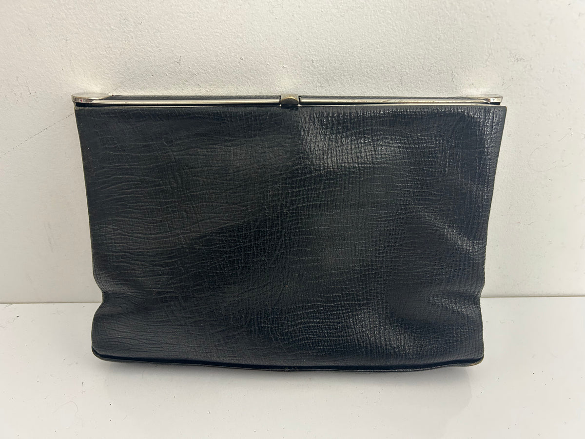 Vintage 1940s Black Leather Mock Reptile Framed Clutch Bag With Hand Strap
