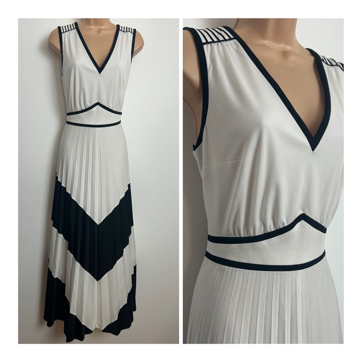 Vintage 1970s Size 14 White & Black Chevron Stripe Sleeveless Pleated Occasion Maxi Dress