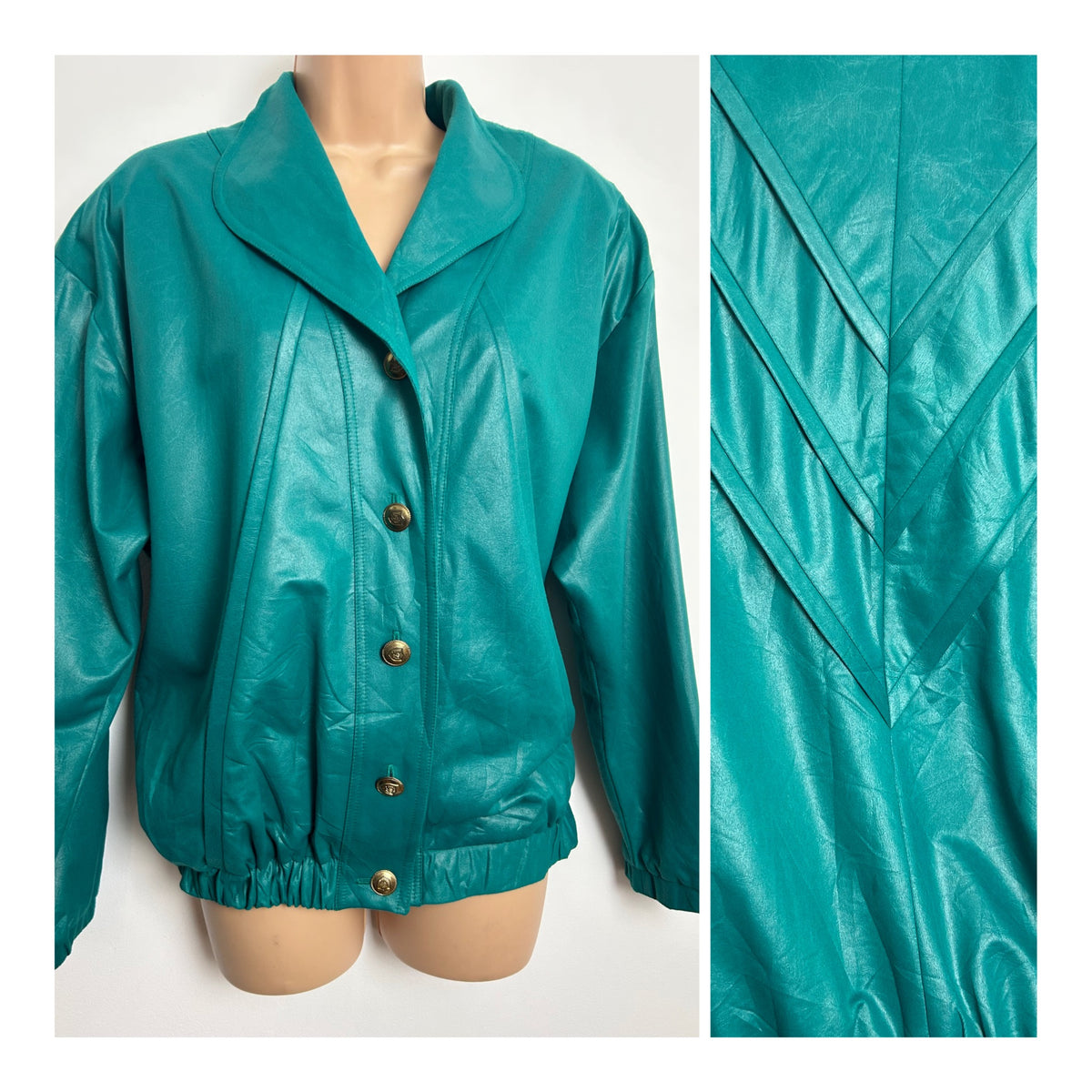Vintage 1980s Size M 10-12 Jade Green Oversize Wet Look Jacket