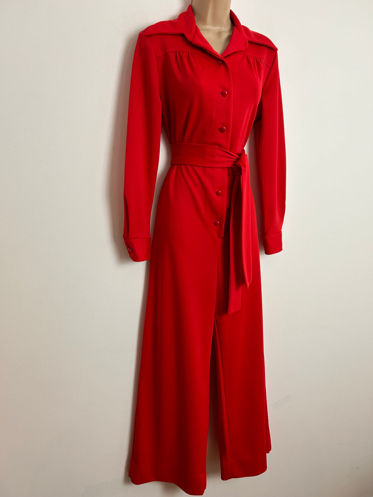 Vintage 1970s SEARS UK Size 12 Pillar Box Red Dagger Collar Belted Wide Leg All In One Jumpsuit