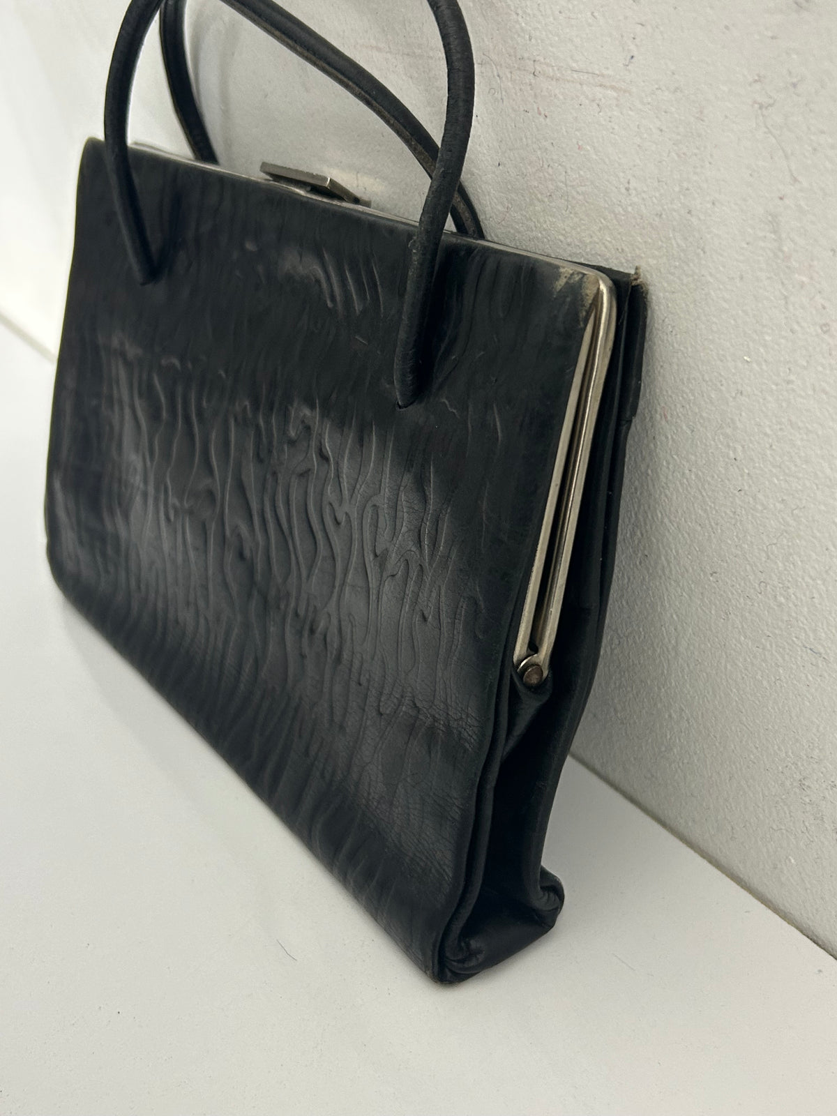 Vintage Early 1950s Small Black Embossed Kelly Style Handbag