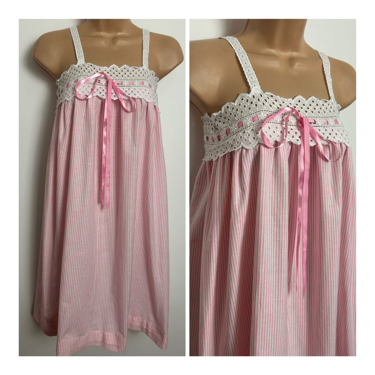 Vintage 1970s Size 6 Pink & White Stripe Broderie Anglais Cotton Nightie