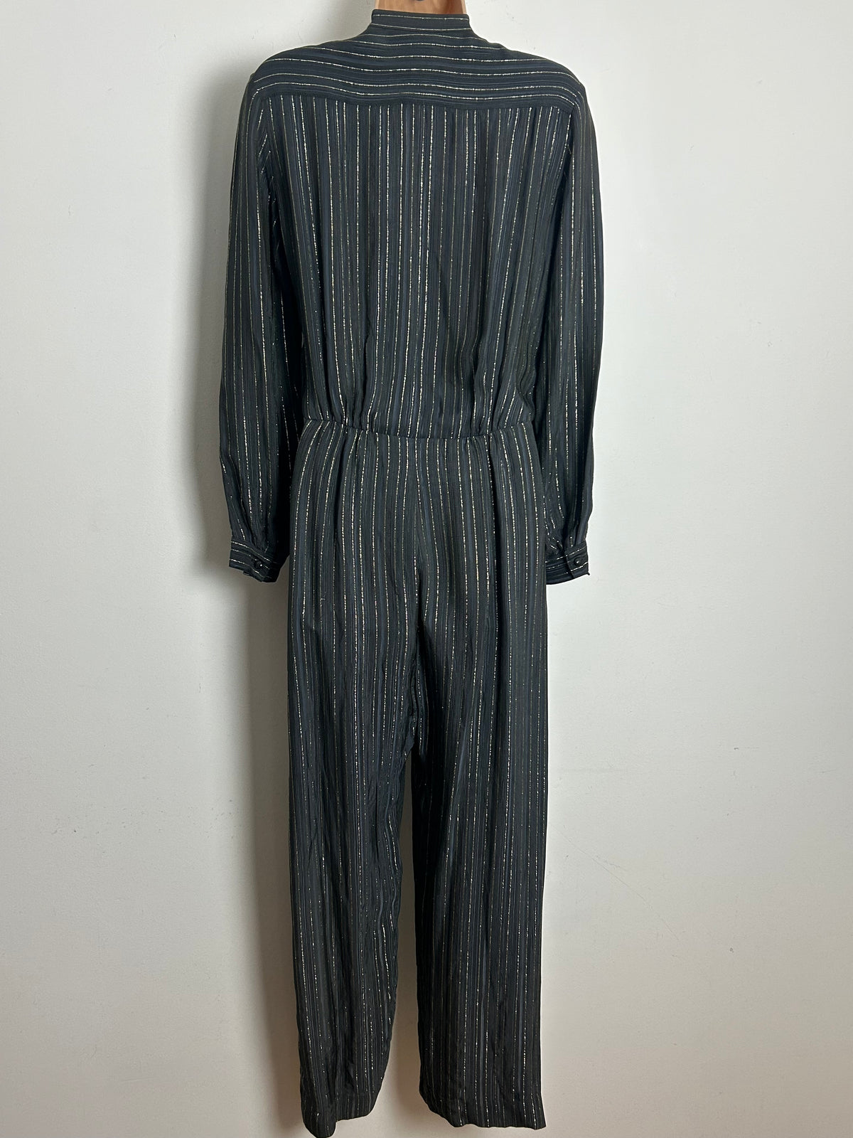 Vintage 1980s COUNTRY CASUALS Size 10 Dark Grey & Gold Pinstripe Long Sleeve Jumpsuit