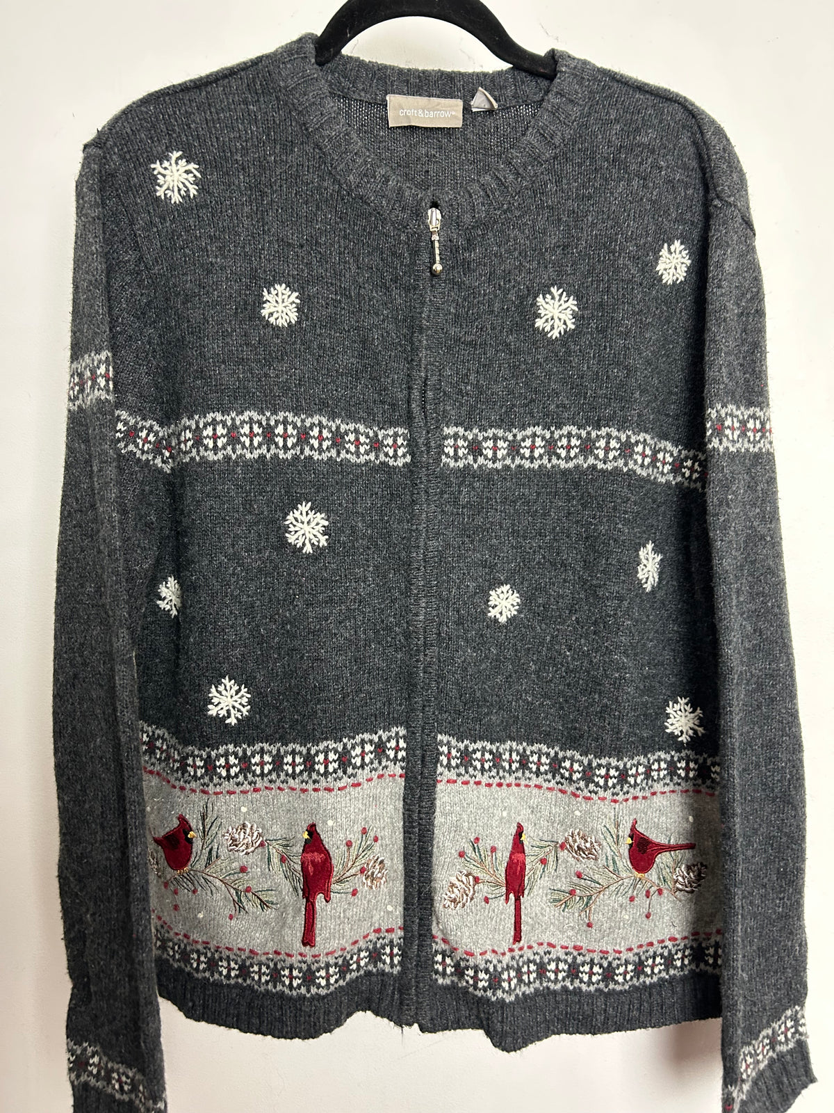 Vintage 1990s CROFT & BARROW Size 14-16 Dark Grey Snowflake & Bird Pattern Zip Up Ramie Mix Cardigan