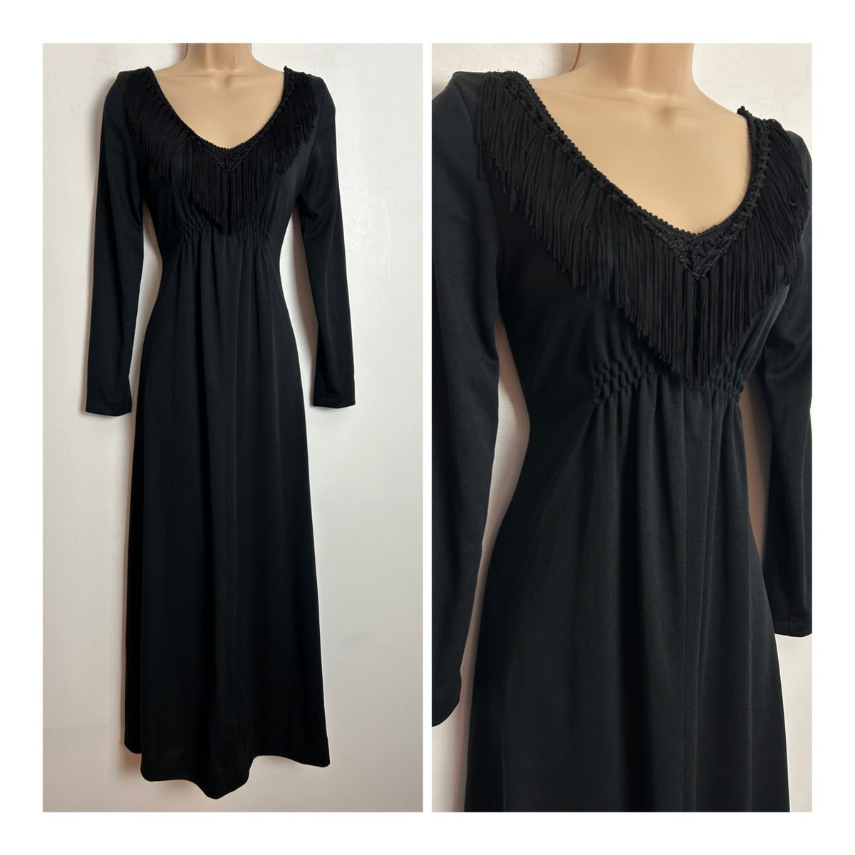 Vintage 1970S YOUNG IDEAS BY RHONA ROY UK Size 6 Black Fringed Detail Long Sleeve Evening Maxi Dress