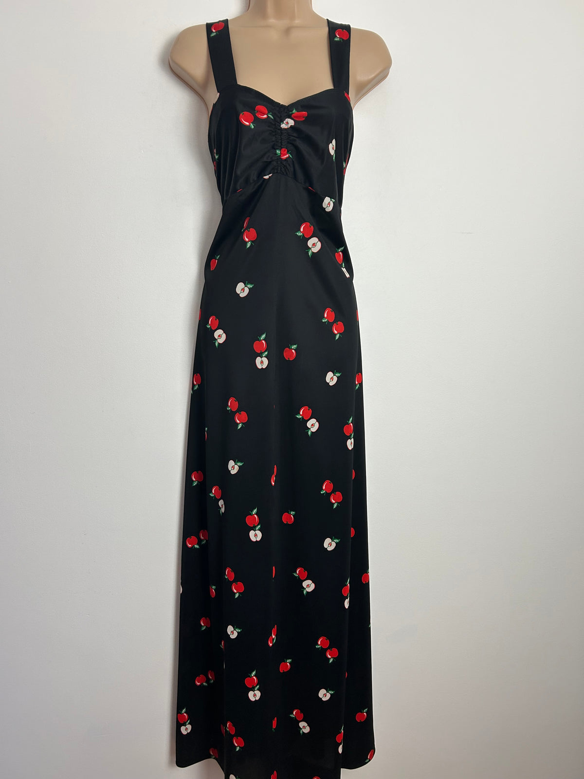 Vintage 1970s Size 10 Cute Black & Red Apple Print Strappy Maxi Dress