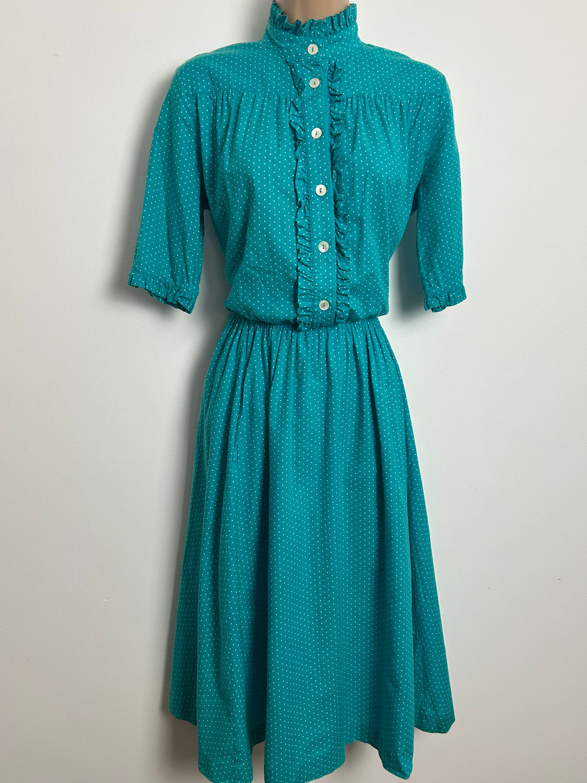 Vintage 1980s LAURA ASHLEY Size 10 Dark Turquoise & White Polka Dot Cotton Tea Dress
