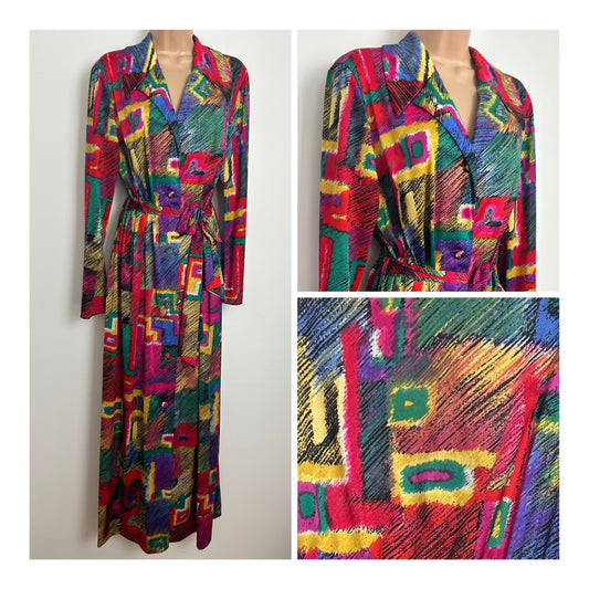 Vintage 1970s POMPADOUR Size 14-16 Multicolour Abstract Geo Square Print Dagger Collar Belted Maxi Dress