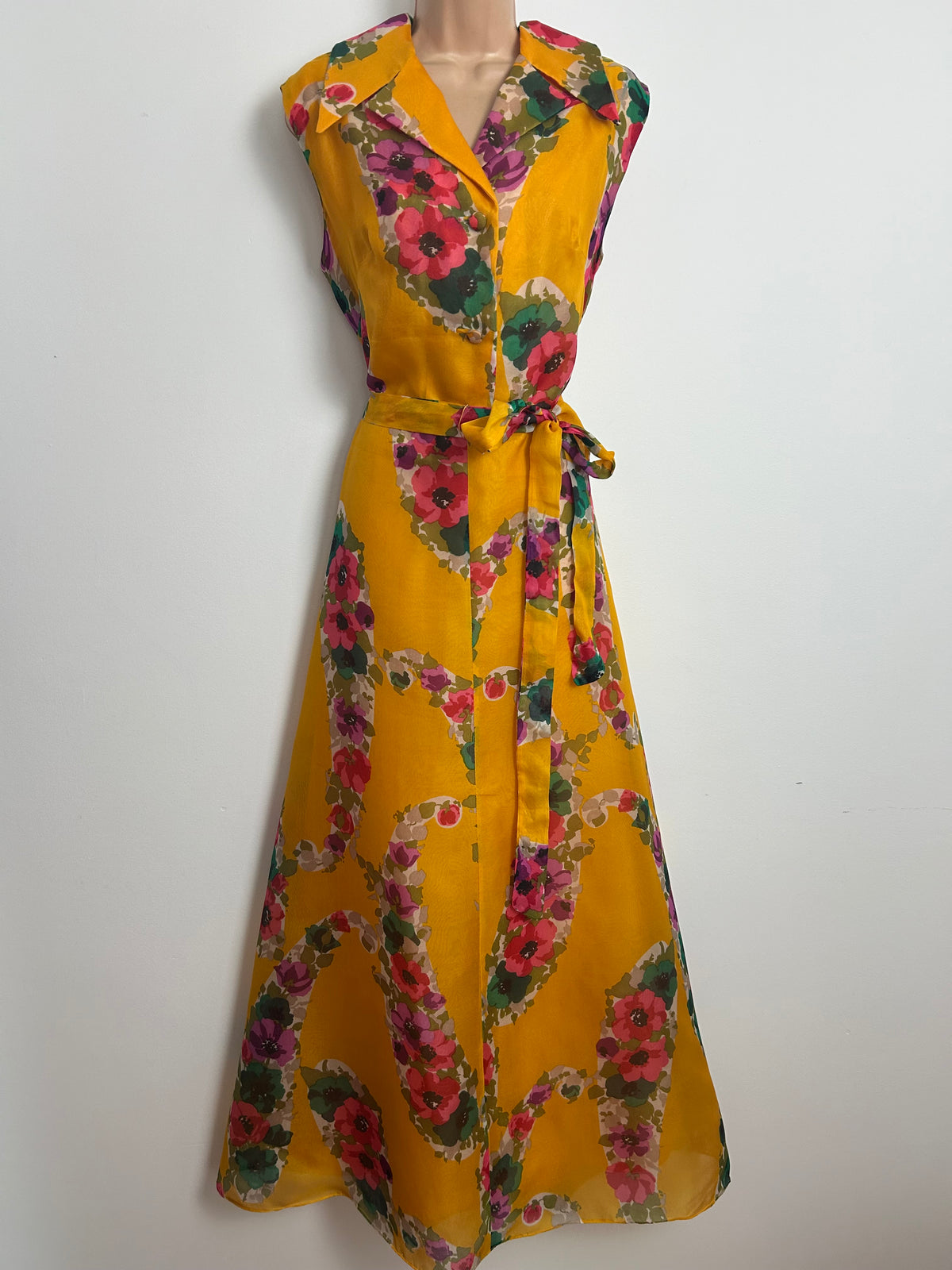 Vintage Early 1970s WOLF H BUSSE Size 14 Mustard Yellow & Pink Tones Dagger Collar Belted Maxi Dress