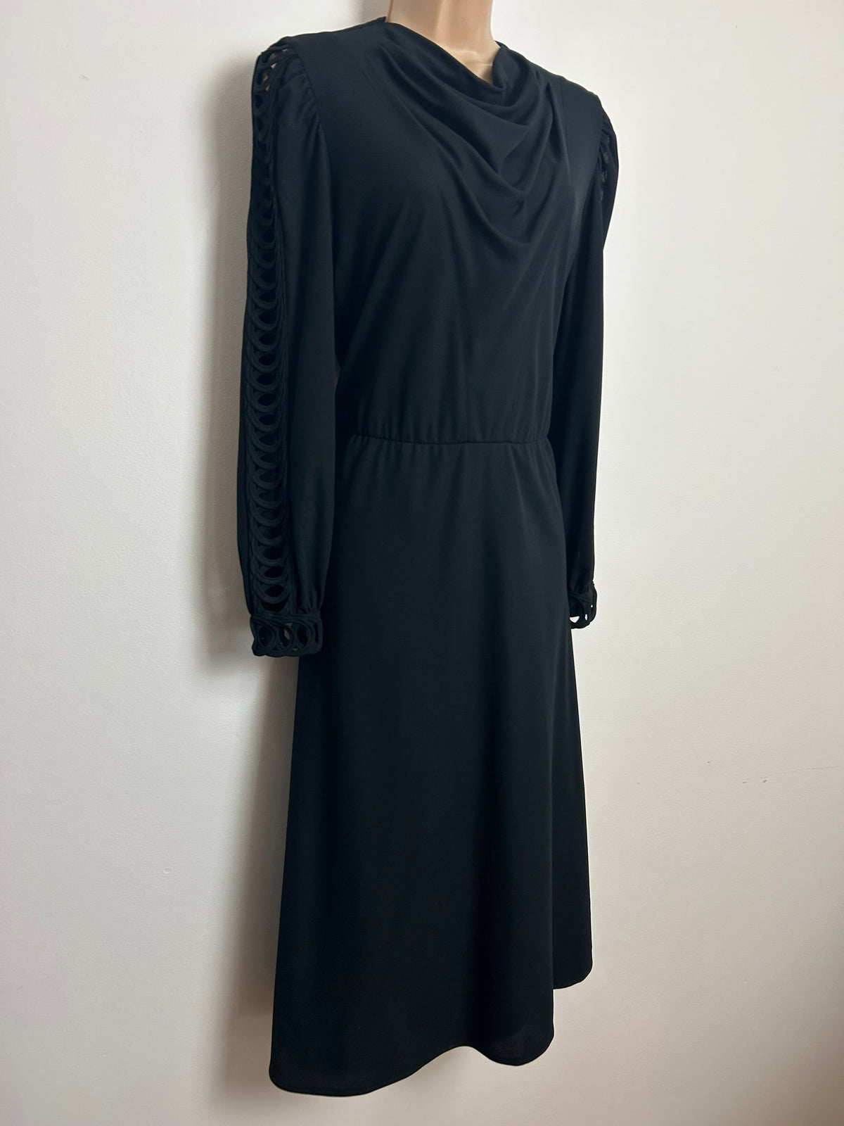 Vintage 1980s FRANKENWALDER Size 12 Black Cowl Neck Cut Out Ladder Sleeve Dress