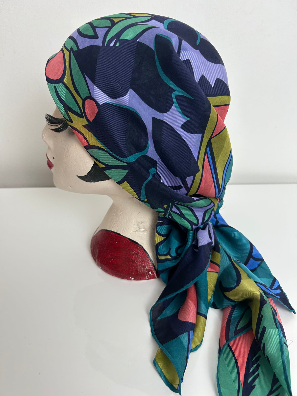 Vintage PATRICK STOFFEL Teal Green Orange & Lilac Tree & Mountain Print Collectable Silk Scarf 90cm x 87cm