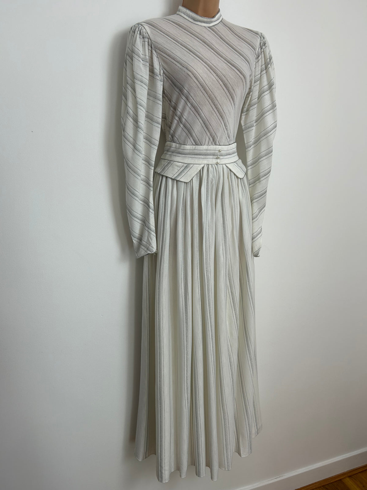 Vintage 1970s PRONUPTIA PARIS Size 6 White & Metallic Silver Stripe Peplum Long Sleeve Maxi Dress