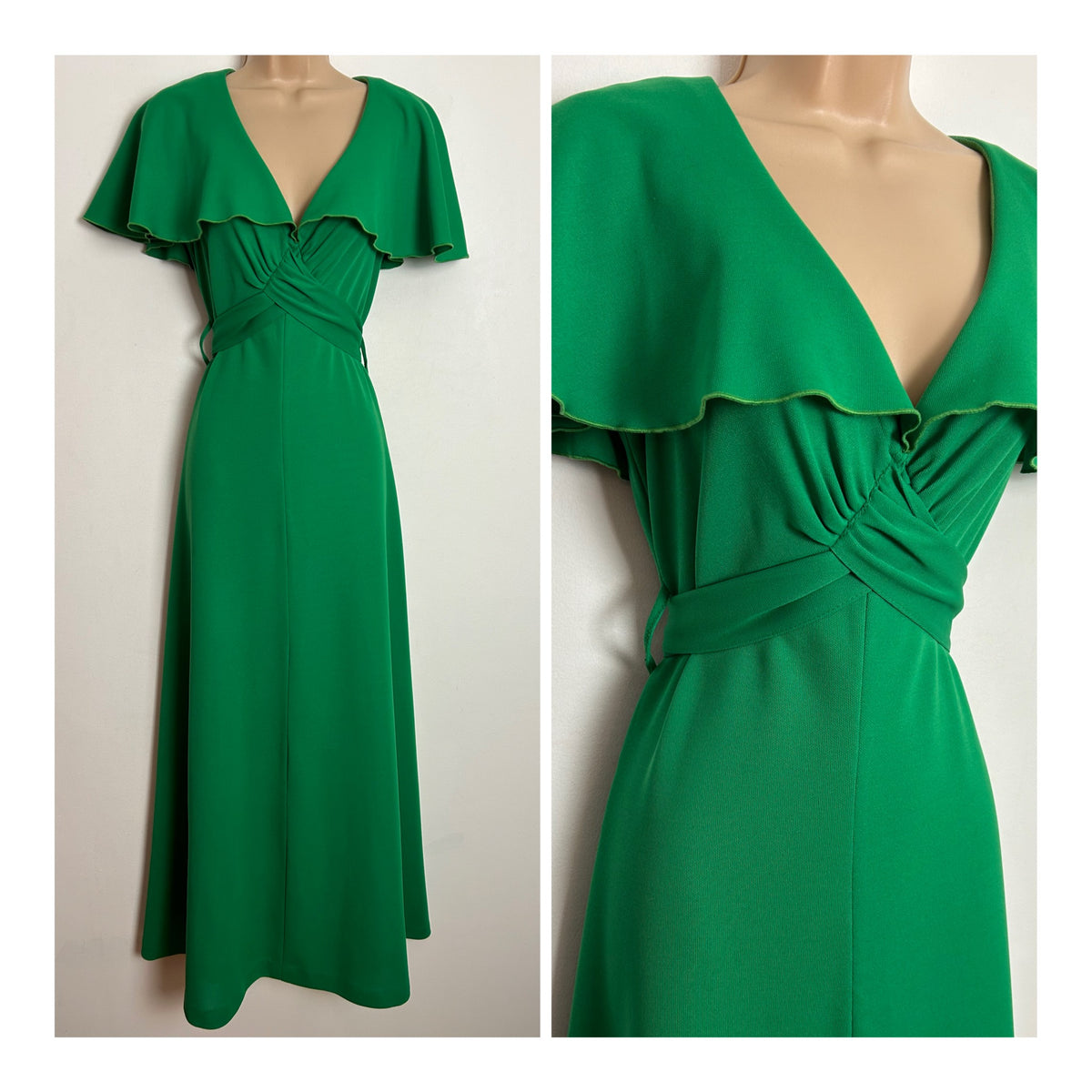 Vintage 1970s UK Size 8 Green Cape Sleeve Cross Over Tie Back Boho Maxi Dress