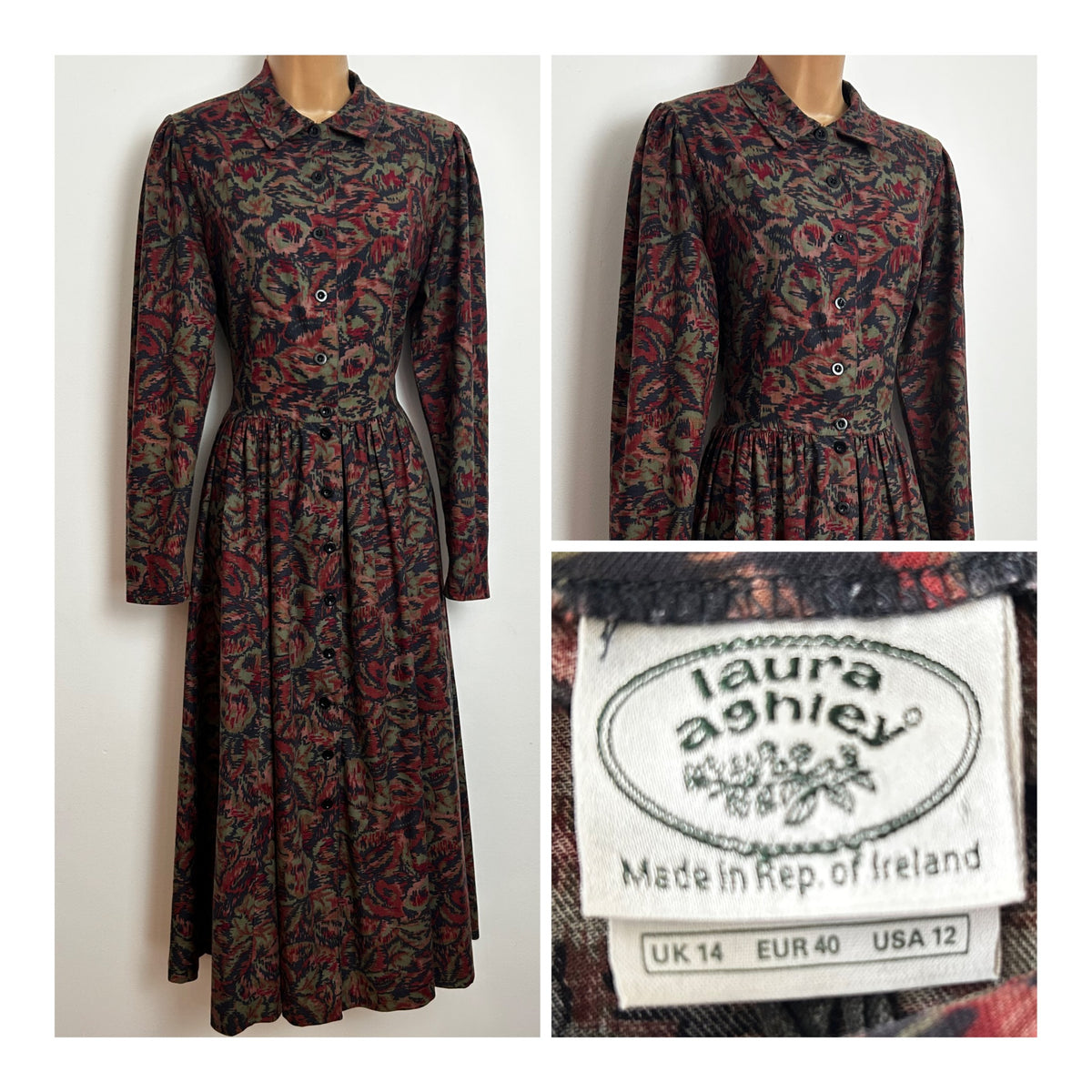 Vintage 1980 LAURA ASHLEY (Rep Of Ireland) Size 12 Dark Blue Green & Red Abstract Print Cotton Midi Dress