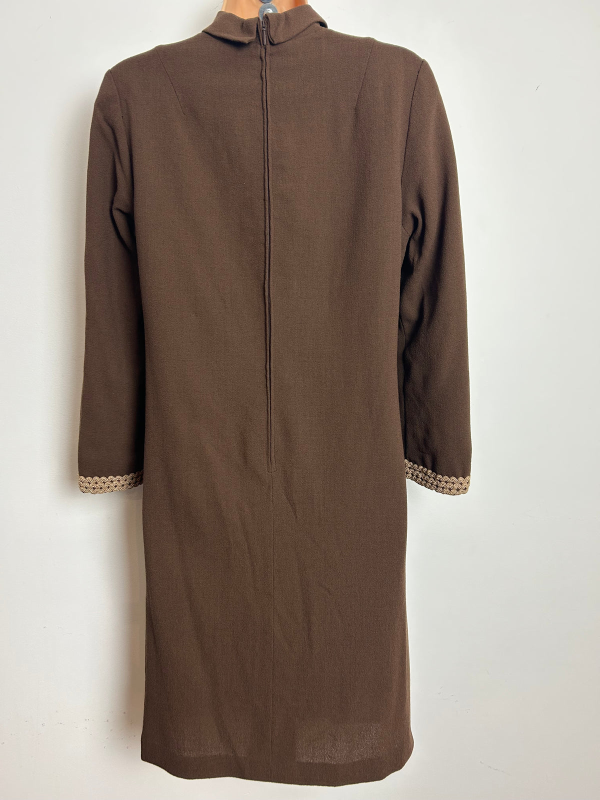 Vintage 1960s HAUTE COUTURE MODELL Size 10 Brown Wool Mix Braid Trim Mod Shift Dress