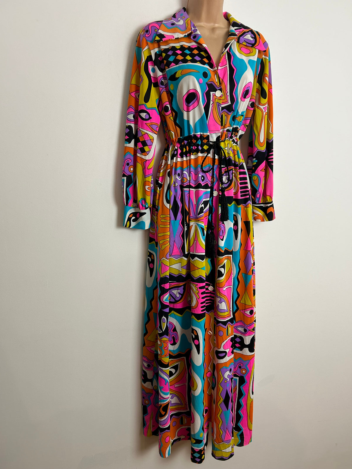 Vintage 1970s UK Size 8/10/12 Vibrant Pink Orange Blue Purple & Yellow Abstract Psychedelic Print Long Sleeve Maxi Dress